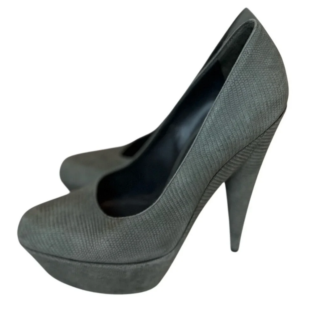 Yves Saint Laurent YSL Grey Suede Lizard Textured Platform Stiletto Pump Sz 37.5
